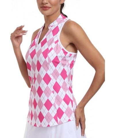 Women Racerback Sleeveless Golf Polo Shirts V-Neck Collarless Tennis Running Tank Tops Quick Dry Athletic Casual Pink Plaid $...