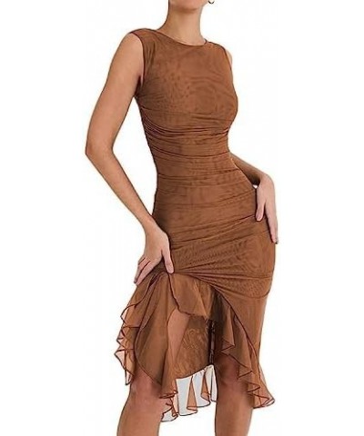 Women Y2K 3D Flower Maxi Dress Ruffle Tassel Sleeveless Split Fringed Dress Slim Fit Bodycon Long Dress Clubwear A Brown $11....