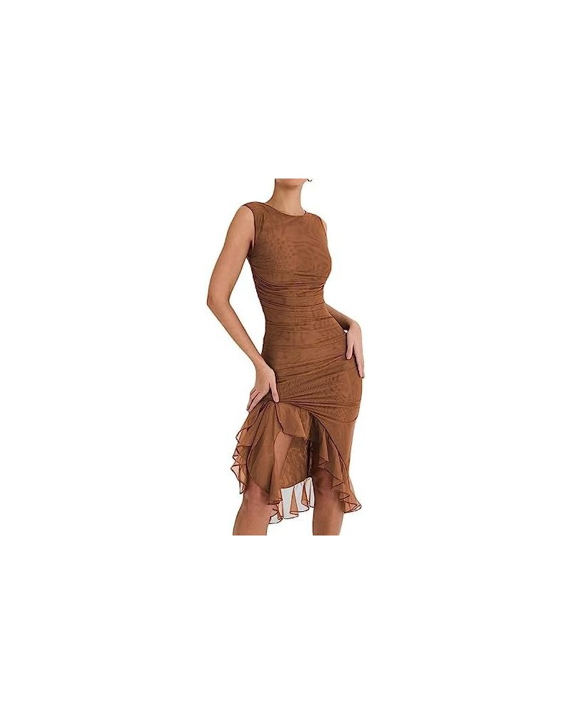 Women Y2K 3D Flower Maxi Dress Ruffle Tassel Sleeveless Split Fringed Dress Slim Fit Bodycon Long Dress Clubwear A Brown $11....