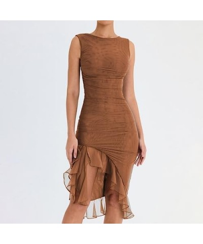 Women Y2K 3D Flower Maxi Dress Ruffle Tassel Sleeveless Split Fringed Dress Slim Fit Bodycon Long Dress Clubwear A Brown $11....