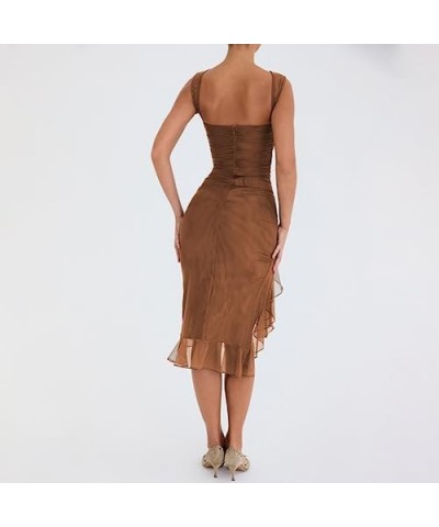 Women Y2K 3D Flower Maxi Dress Ruffle Tassel Sleeveless Split Fringed Dress Slim Fit Bodycon Long Dress Clubwear A Brown $11....