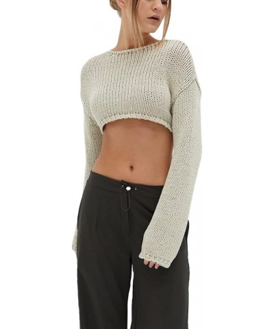 Womens Cropped Knit Top Long Sleeve Crochet Hollow Out Square Collar Sweater Crop Tops U-gray B $12.25 Sweaters