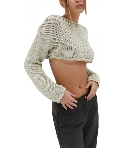 Womens Cropped Knit Top Long Sleeve Crochet Hollow Out Square Collar Sweater Crop Tops U-gray B $12.25 Sweaters