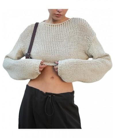 Womens Cropped Knit Top Long Sleeve Crochet Hollow Out Square Collar Sweater Crop Tops U-gray B $12.25 Sweaters