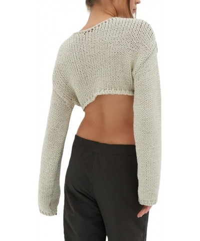 Womens Cropped Knit Top Long Sleeve Crochet Hollow Out Square Collar Sweater Crop Tops U-gray B $12.25 Sweaters