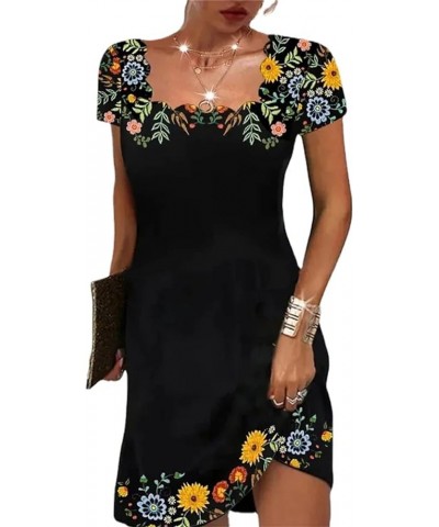 Boho Dress for Women Casual Square Neck Short Sleeve Mexican Mini Dress Black $12.25 Dresses