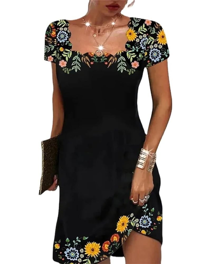 Boho Dress for Women Casual Square Neck Short Sleeve Mexican Mini Dress Black $12.25 Dresses