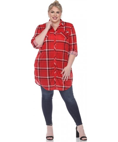 Women's Plus Size Stretchy Windowpane Plaid Tunic Top with Side Pockets and Roll Tab Sleeves Red $13.45 Tops