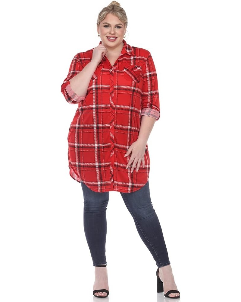 Women's Plus Size Stretchy Windowpane Plaid Tunic Top with Side Pockets and Roll Tab Sleeves Red $13.45 Tops