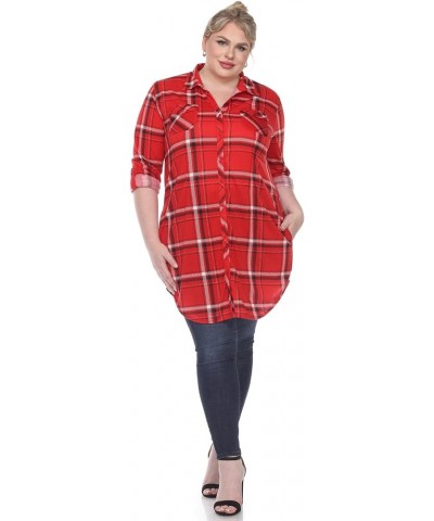 Women's Plus Size Stretchy Windowpane Plaid Tunic Top with Side Pockets and Roll Tab Sleeves Red $13.45 Tops