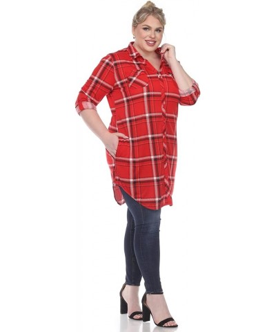 Women's Plus Size Stretchy Windowpane Plaid Tunic Top with Side Pockets and Roll Tab Sleeves Red $13.45 Tops