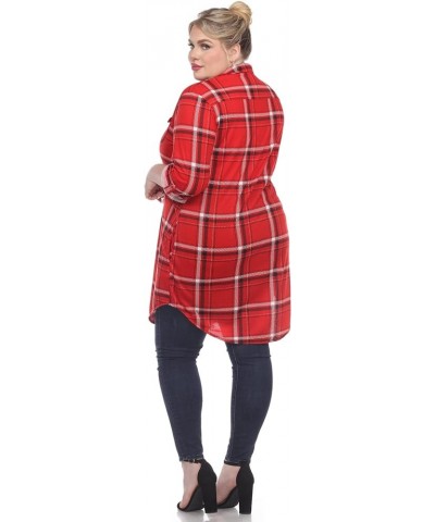 Women's Plus Size Stretchy Windowpane Plaid Tunic Top with Side Pockets and Roll Tab Sleeves Red $13.45 Tops