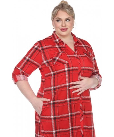 Women's Plus Size Stretchy Windowpane Plaid Tunic Top with Side Pockets and Roll Tab Sleeves Red $13.45 Tops