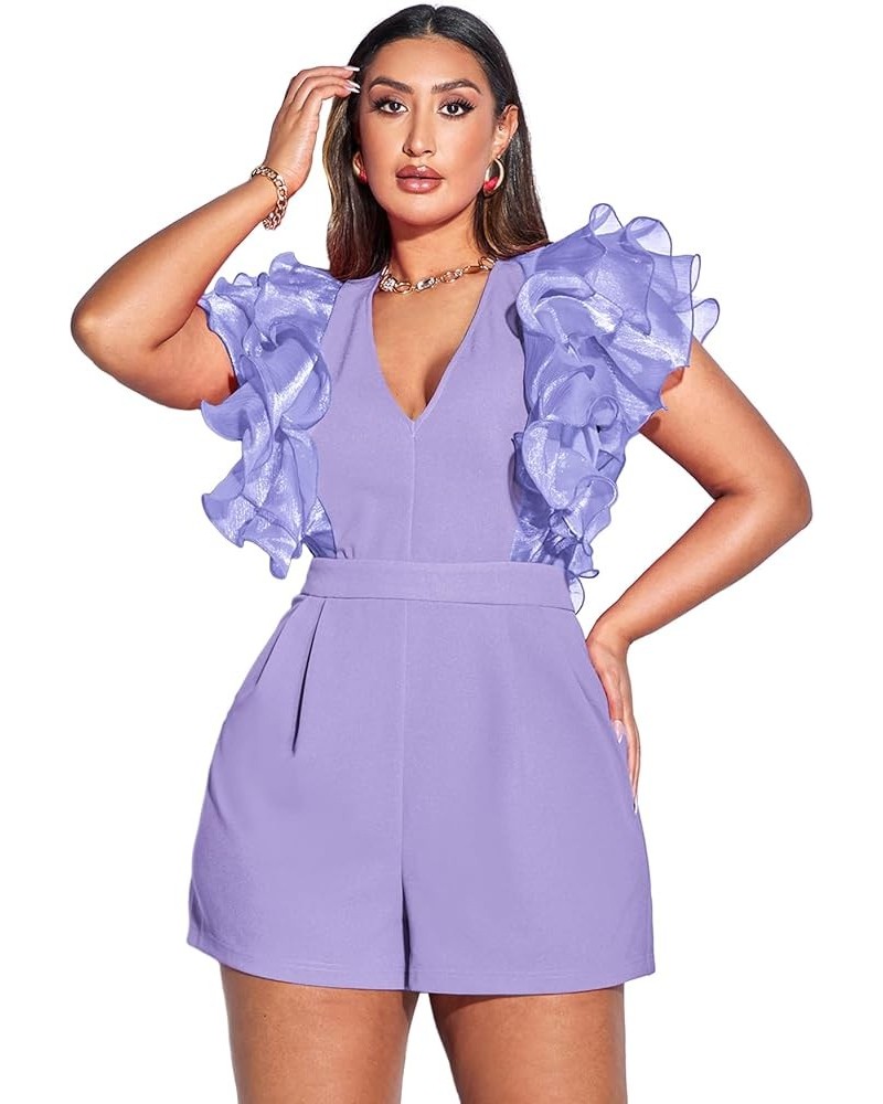 Women's Mesh Layered Ruffle Sleeve V Neck Pleated Solid Rompers Short Jumpsuits Purple Solid $19.60 Rompers