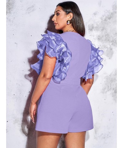 Women's Mesh Layered Ruffle Sleeve V Neck Pleated Solid Rompers Short Jumpsuits Purple Solid $19.60 Rompers