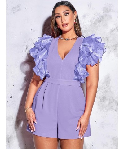 Women's Mesh Layered Ruffle Sleeve V Neck Pleated Solid Rompers Short Jumpsuits Purple Solid $19.60 Rompers