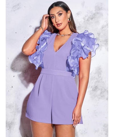 Women's Mesh Layered Ruffle Sleeve V Neck Pleated Solid Rompers Short Jumpsuits Purple Solid $19.60 Rompers