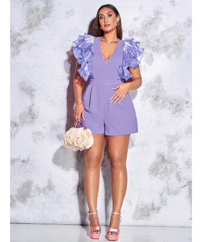 Women's Mesh Layered Ruffle Sleeve V Neck Pleated Solid Rompers Short Jumpsuits Purple Solid $19.60 Rompers