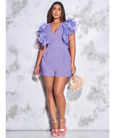 Women's Mesh Layered Ruffle Sleeve V Neck Pleated Solid Rompers Short Jumpsuits Purple Solid $19.60 Rompers