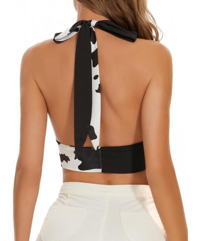 Women Summer Going Out Halter Crop Tank Top Cow Print Black $20.99 Tanks