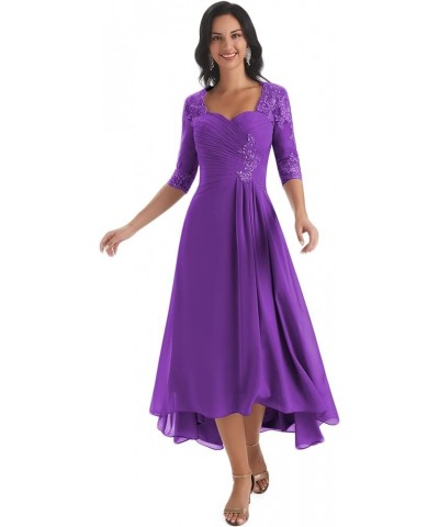 Chiffon Tea Length Mother of The Bride Dresses for Wedding Lace Applique Formal Dress with Sleeves Purple $35.70 Dresses