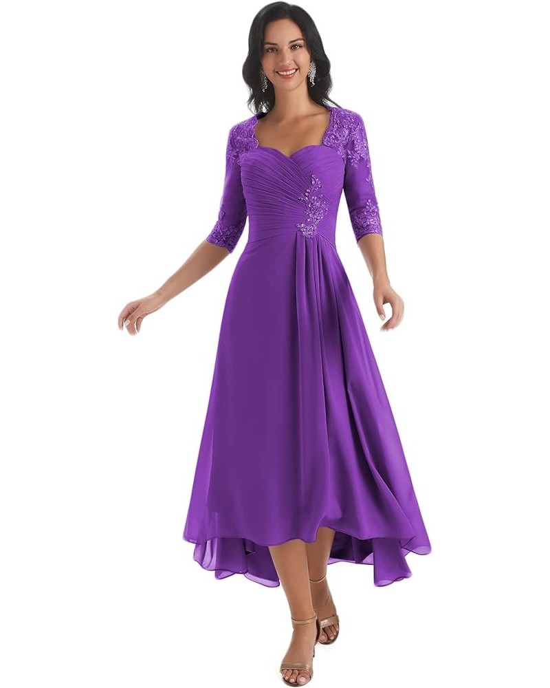 Chiffon Tea Length Mother of The Bride Dresses for Wedding Lace Applique Formal Dress with Sleeves Purple $35.70 Dresses