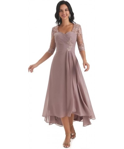 Chiffon Tea Length Mother of The Bride Dresses for Wedding Lace Applique Formal Dress with Sleeves Purple $35.70 Dresses