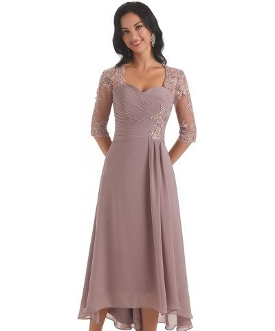 Chiffon Tea Length Mother of The Bride Dresses for Wedding Lace Applique Formal Dress with Sleeves Purple $35.70 Dresses