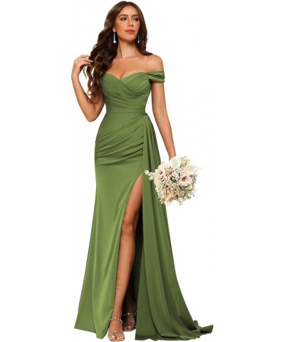 Women's Off Shoulder Ruched Bridesmaid Dresses Long with Slit Satin Formal Prom Dress VS018 Olive Green $24.80 Dresses