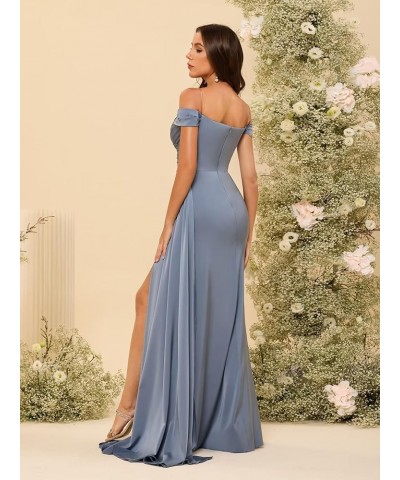 Women's Off Shoulder Ruched Bridesmaid Dresses Long with Slit Satin Formal Prom Dress VS018 Olive Green $24.80 Dresses