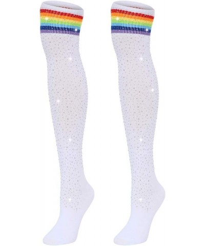 Woman's Rhinestone Over Knee High Socks Stripe Knit Stockings Leg Warmers for Christmas Valentines day Events White With Rain...