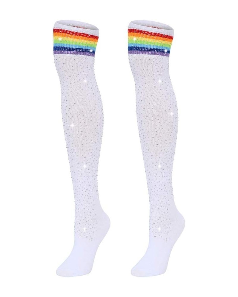 Woman's Rhinestone Over Knee High Socks Stripe Knit Stockings Leg Warmers for Christmas Valentines day Events White With Rain...