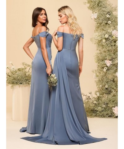 Women's Off Shoulder Ruched Bridesmaid Dresses Long with Slit Satin Formal Prom Dress VS018 Olive Green $24.80 Dresses