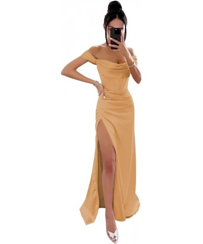 Off Shoulder Satin Prom Dresses Long Cowl Neck with Slit Mermaid Formal Evening Party Gowns Gold $24.00 Dresses