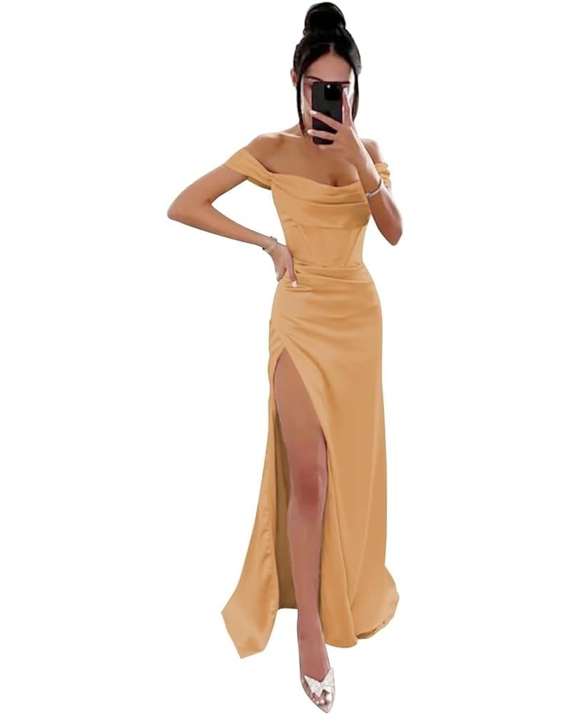 Off Shoulder Satin Prom Dresses Long Cowl Neck with Slit Mermaid Formal Evening Party Gowns Gold $24.00 Dresses