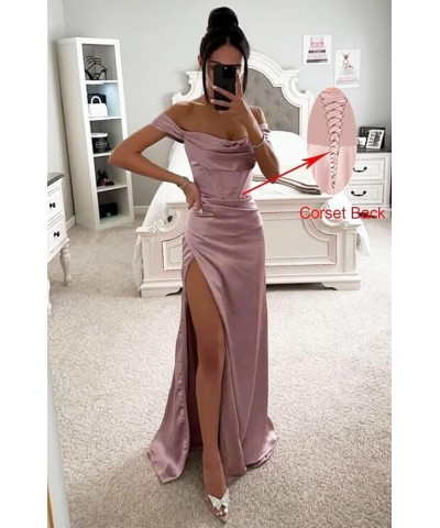 Off Shoulder Satin Prom Dresses Long Cowl Neck with Slit Mermaid Formal Evening Party Gowns Gold $24.00 Dresses