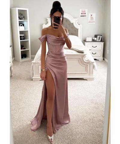 Off Shoulder Satin Prom Dresses Long Cowl Neck with Slit Mermaid Formal Evening Party Gowns Gold $24.00 Dresses