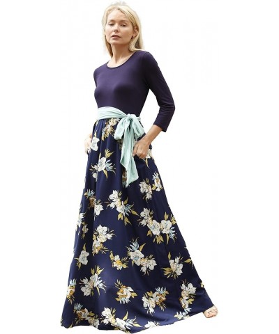 Eloges Women's Plus Size Floral Sash Maxi Dress 3/4 Sleeves with Pockets Navy Mint Sash $15.98 Dresses