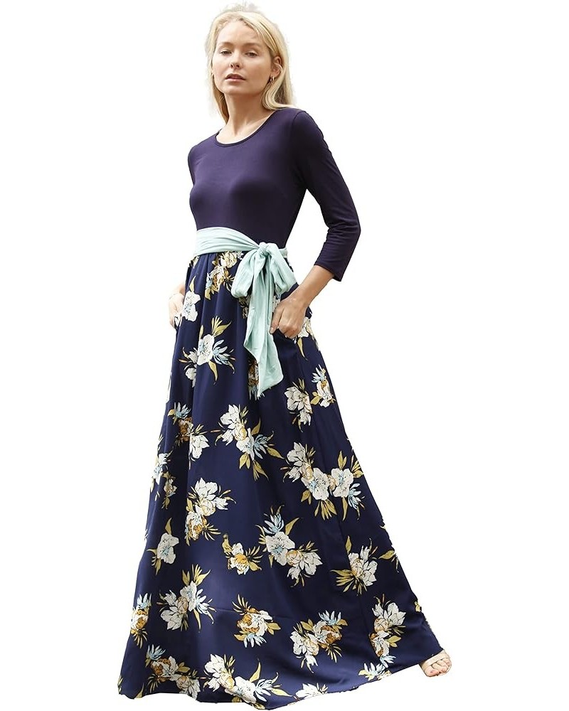 Eloges Women's Plus Size Floral Sash Maxi Dress 3/4 Sleeves with Pockets Navy Mint Sash $15.98 Dresses