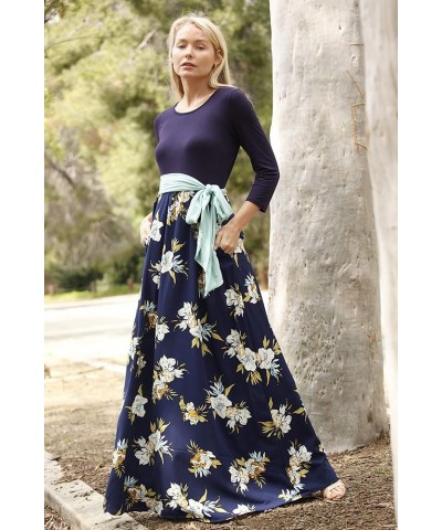 Eloges Women's Plus Size Floral Sash Maxi Dress 3/4 Sleeves with Pockets Navy Mint Sash $15.98 Dresses