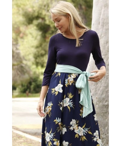 Eloges Women's Plus Size Floral Sash Maxi Dress 3/4 Sleeves with Pockets Navy Mint Sash $15.98 Dresses