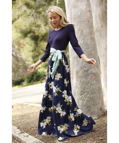 Eloges Women's Plus Size Floral Sash Maxi Dress 3/4 Sleeves with Pockets Navy Mint Sash $15.98 Dresses