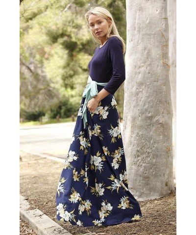 Eloges Women's Plus Size Floral Sash Maxi Dress 3/4 Sleeves with Pockets Navy Mint Sash $15.98 Dresses