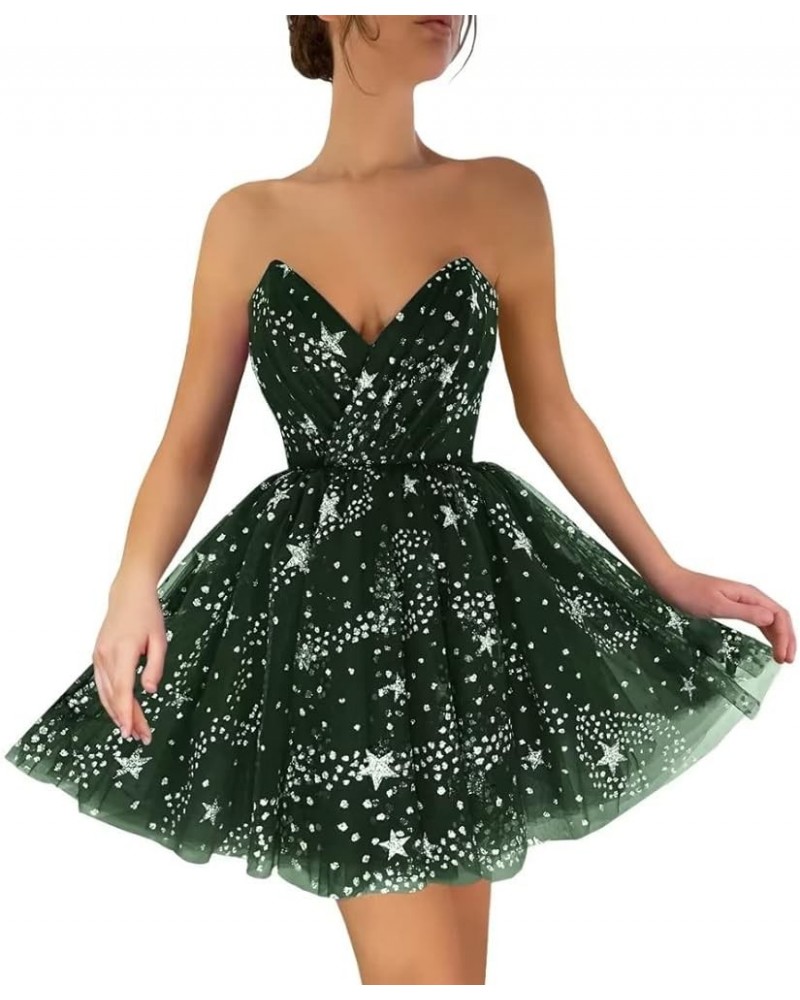 Sparkly Starry Tulle Homecoming Dresses for Teens Short Sleeveless Formal Prom Party Gowns 02-hunter Green $24.20 Dresses