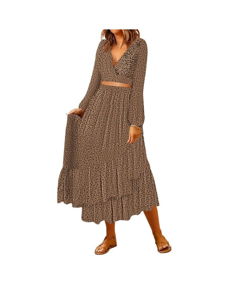 Women's Boho Dress Deep V Neck 2 Piece Outfits Long Puff Sleeve Skirt Sets Tie Waist Wrap Chiffon Flowy Maxi Dresses Brown $1...