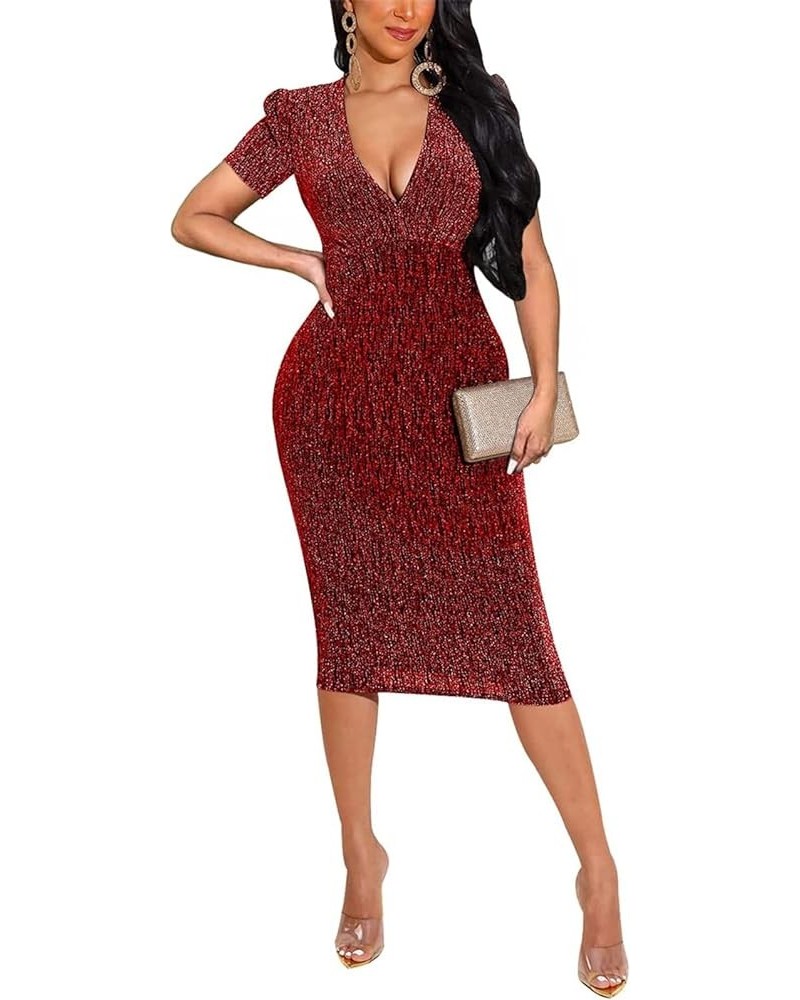 Women's Sexy Dresses Sparkly Basic Long Sleeve Bodycon Sequin Club Night Party Midi Dress 10750-2wine Red $22.41 Dresses