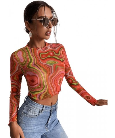 Women's Color Block Ribbed Knit Slim Fitted Long Sleeve Crop Tee Shirt Top Marble Red $17.00 T-Shirts