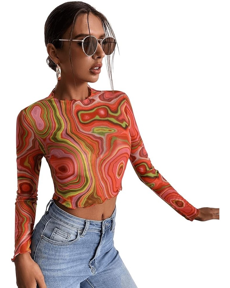 Women's Color Block Ribbed Knit Slim Fitted Long Sleeve Crop Tee Shirt Top Marble Red $17.00 T-Shirts