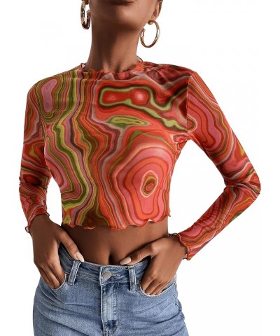 Women's Color Block Ribbed Knit Slim Fitted Long Sleeve Crop Tee Shirt Top Marble Red $17.00 T-Shirts