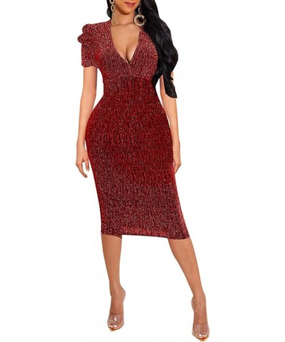 Women's Sexy Dresses Sparkly Basic Long Sleeve Bodycon Sequin Club Night Party Midi Dress 10750-2wine Red $22.41 Dresses